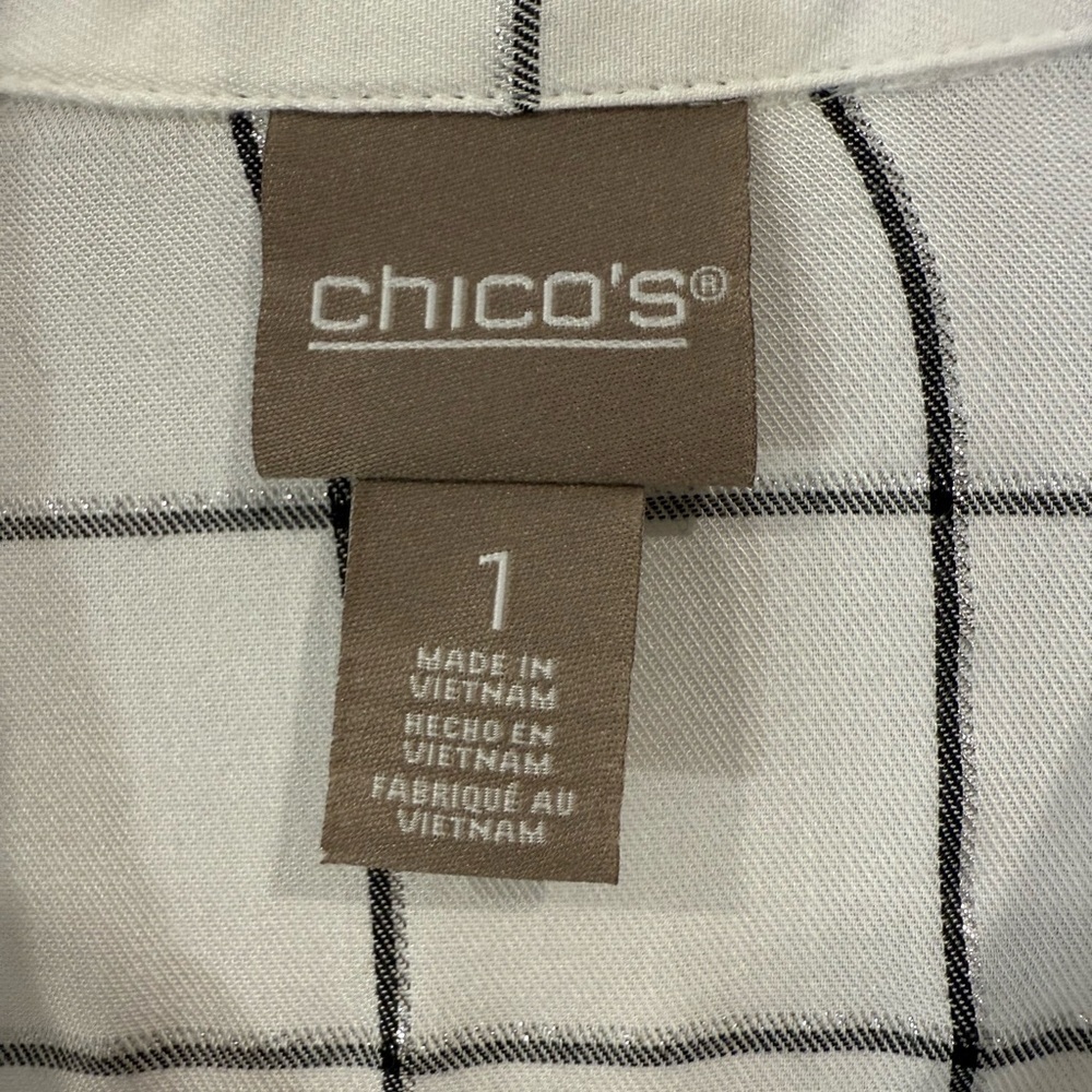 Chico’s Windowpane Plaid Blouse White Black Shimmer Button Front Top Size 1 US 8 - Picture 4 of 10